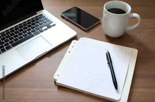 Laptop with coffee cup notebook and pen on wooden background concept for home office Business concept Work from home desk office with laptop blank notepad coffee cup and pen on wooden 