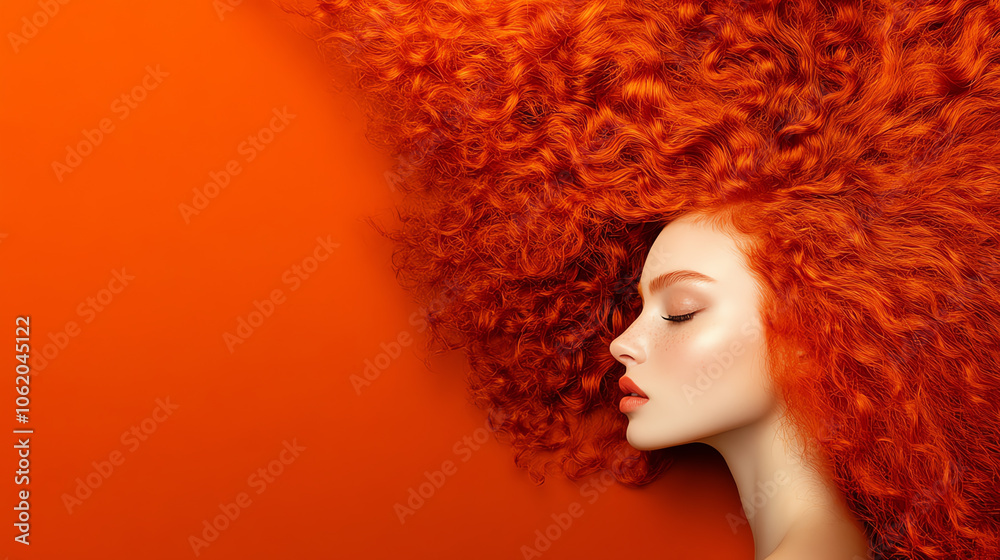 A stunning profile of a mannequin with vibrant orange curly hair against a bold orange background, showcasing modern beauty and style. A stunning profile of a mannequin with vibrant orange curly hair against a bold orange background, showcasing modern beauty and style.