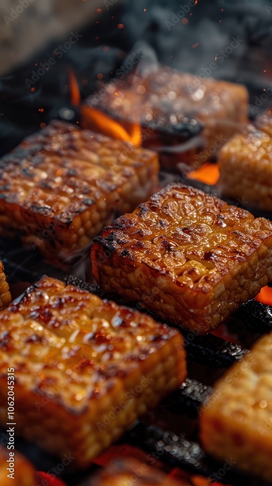 Closeup of sizzling hot grilled pieces of pork or beef meat with charred edges and a smoky aroma cooking on a hot barbecue grill The food has a crispy and caramelized texture Closeup of sizzling hot grilled pieces of pork or beef meat with charred edges and a smoky aroma cooking on a hot barbecue grill The food has a crispy and caramelized texture