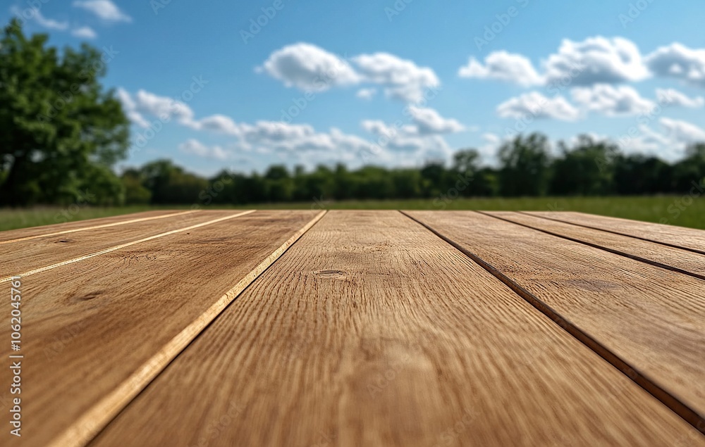 Wooden table top with a blurred background of green trees and blue sky. Wooden table top with a blurred background of green trees and blue sky.