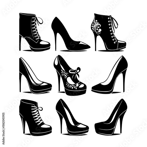 Ladies shoes Set silhouette vector, Shoes icon illustration, Women shoes silhouette fashion on a white background