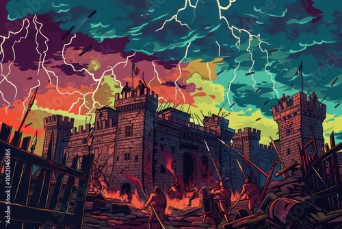 A vibrant depiction of the storming of the Bastille in 1789 with revolutionaries charging the fortress under a stormy sky ,vectorline design , illustration photo