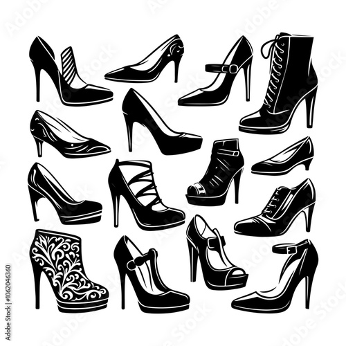 Ladies shoes Set silhouette vector, Shoes icon illustration, Women shoes silhouette fashion on a white background