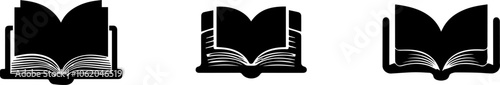 Three different open books with the first one being the most open. The second book is slightly less open than the first, and the third book is the least open