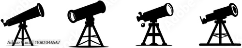 Four different types of telescopes are shown in a row. The first telescope is a large one with a long tube, while the second telescope is a smaller one with a shorter tube