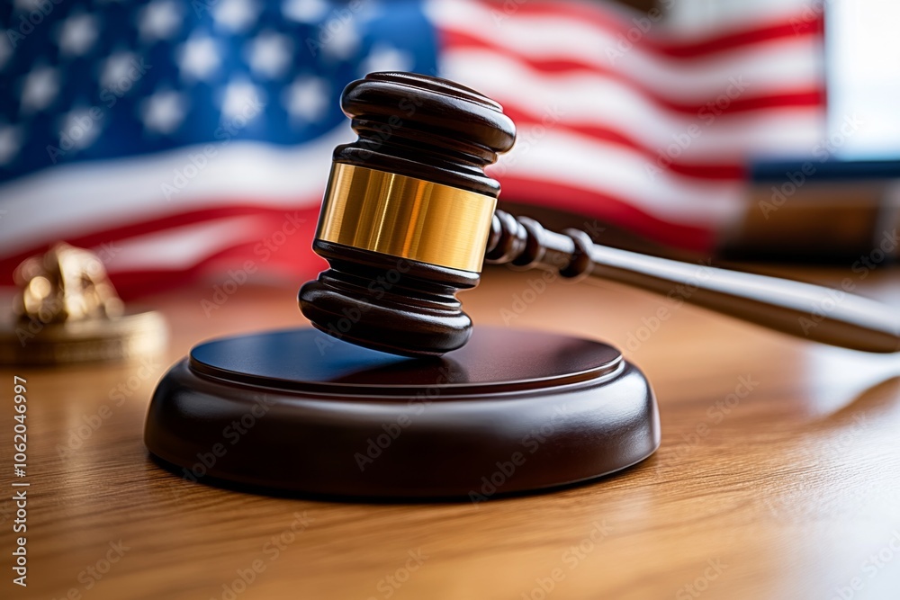 Courtroom with wooden benches, judge’s bench, and American flag, capturing the solemn and formal atmosphere of legal proceedings, symbolizing justice and authority Courtroom with wooden benches, judge’s bench, and American flag, capturing the solemn and formal atmosphere of legal proceedings, symbolizing justice and authority