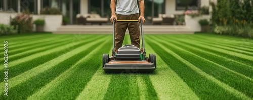 A person is mowing a perfectly striped green lawn with a push mower, showcasing neat grass lines under sunny conditions.