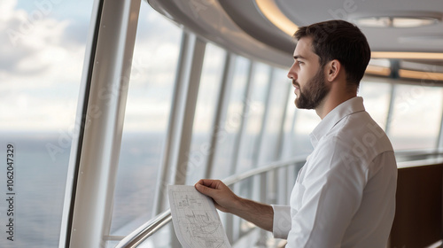 Deck Officer Adjusting Navigational Chart in Control Room