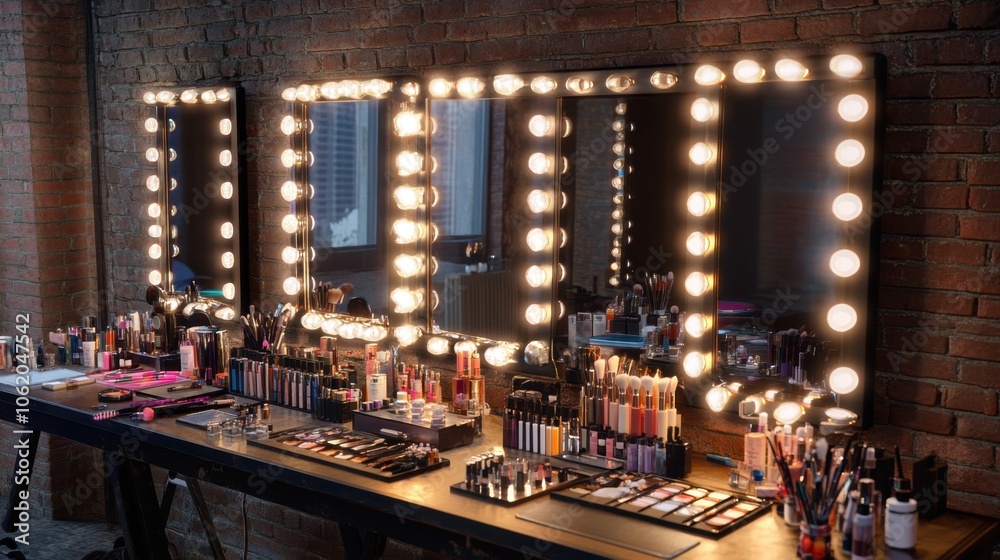 Realistic makeup room for Miss Universe contestants, mirrors lined with lights, scattered cosmetics and tools, creating a lively backstage scene Realistic makeup room for Miss Universe contestants, mirrors lined with lights, scattered cosmetics and tools, creating a lively backstage scene