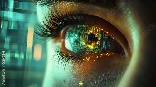 Human eye close-up on green tech background, hacker face and digital data pattern. Concept of cyber security, technology, future, hack, network, photo