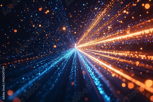 Dynamic light trails creating an abstract effect, showcasing vibrant blue and orange particles on a dark background.