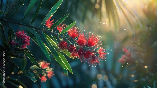 Blooming red Callistemon flower photo