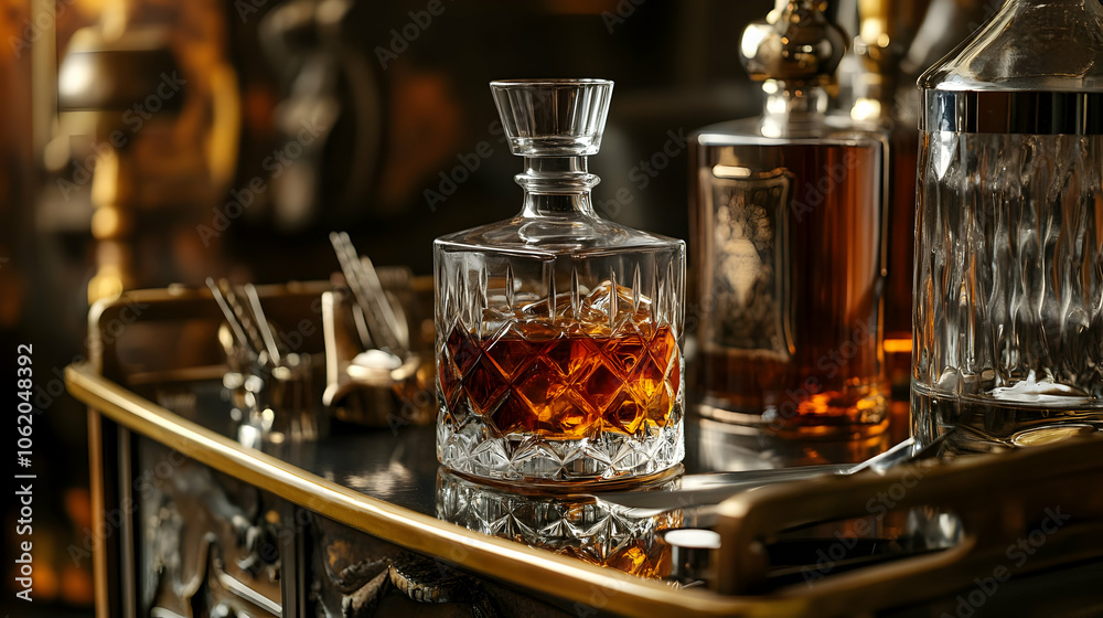 A rich whiskey-filled decanter with a matching glass on a polished table, exuding elegance with gold and dark wood accents A rich whiskey-filled decanter with a matching glass on a polished table, exuding elegance with gold and dark wood accents