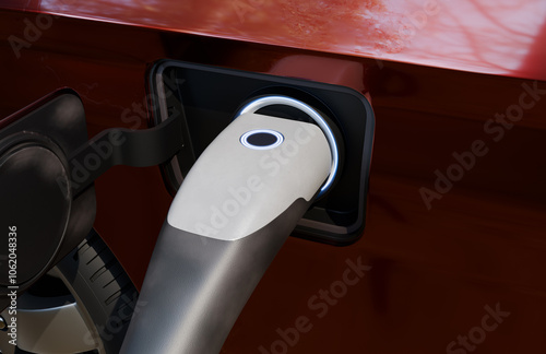 Charging an electric car. charger in focus. 3D render photo