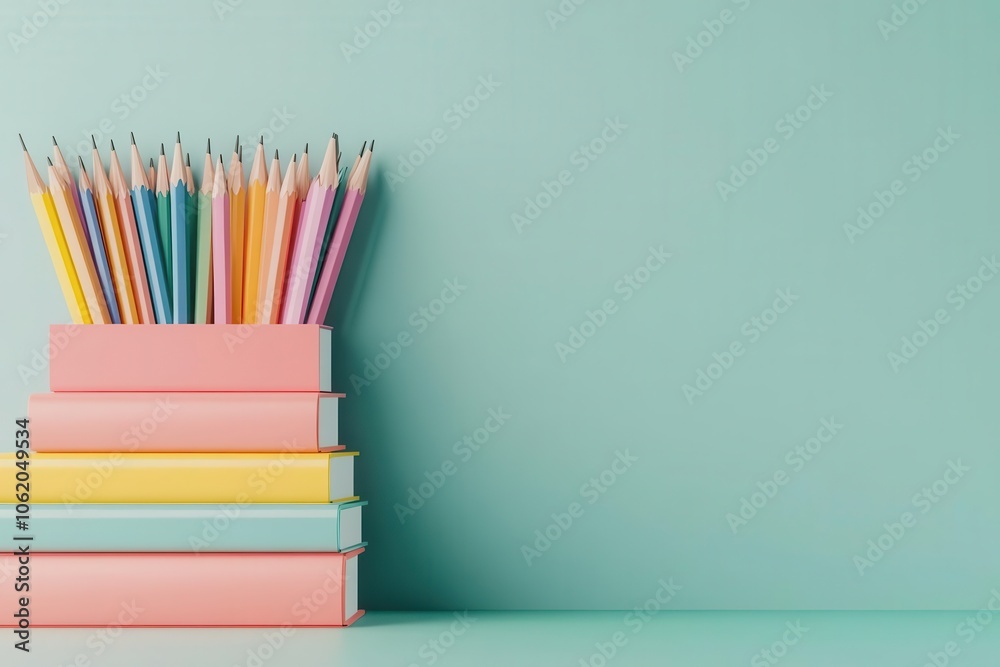 Fototapeta premium A vibrant collection of colorful pencils rests atop neatly stacked pastel books against a soft turquoise background.