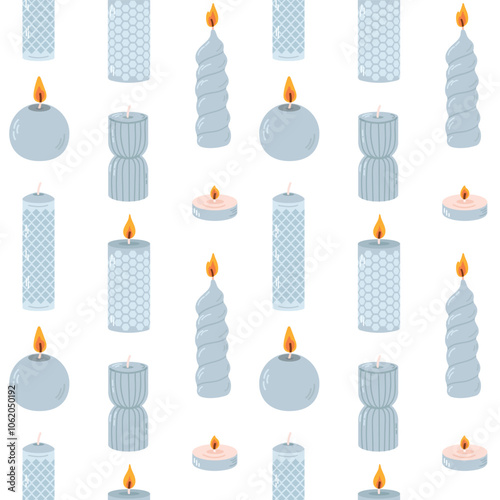 Various Candles. Different shapes and sizes. Pillar, jar candle, square, container candle, heart shaped. Decorative wax candles for relax and spa. Candle snuffer. Seamless pattern