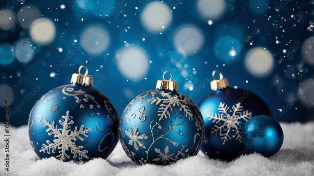 Blue christmas balls resting on snow with falling snowflakes and bokeh lights Blue christmas balls resting on snow with falling snowflakes and bokeh lights