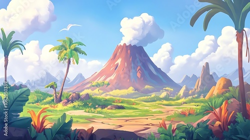 Tropical Volcano Landscape with Palm Trees and Clouds