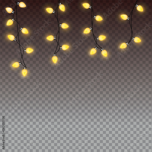 Christmas garland isolated on transparent background. Decorative light bulbs.