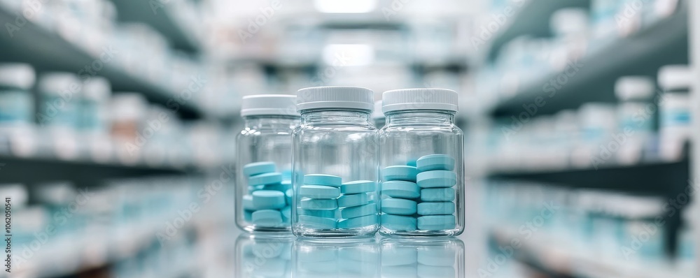 Three transparent jars filled with blue tablets, surrounded by a blurred pharmacy shelf, emphasizing medication and healthcare. Three transparent jars filled with blue tablets, surrounded by a blurred pharmacy shelf, emphasizing medication and healthcare.