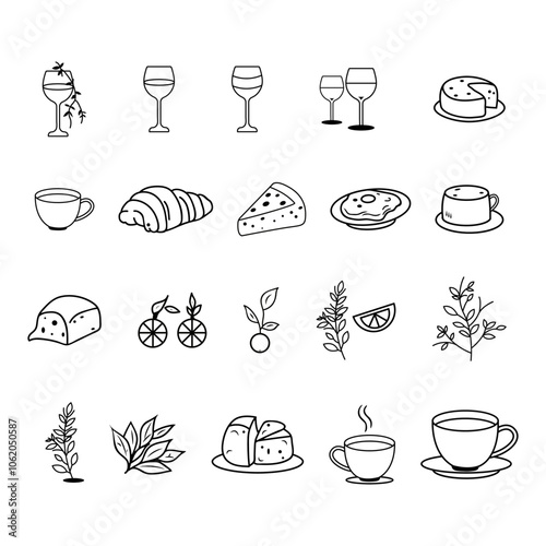 Hand drawn line art food and restaurant vector illustration icons set. Food icon collections. Food and restaurant line art editable icons set.