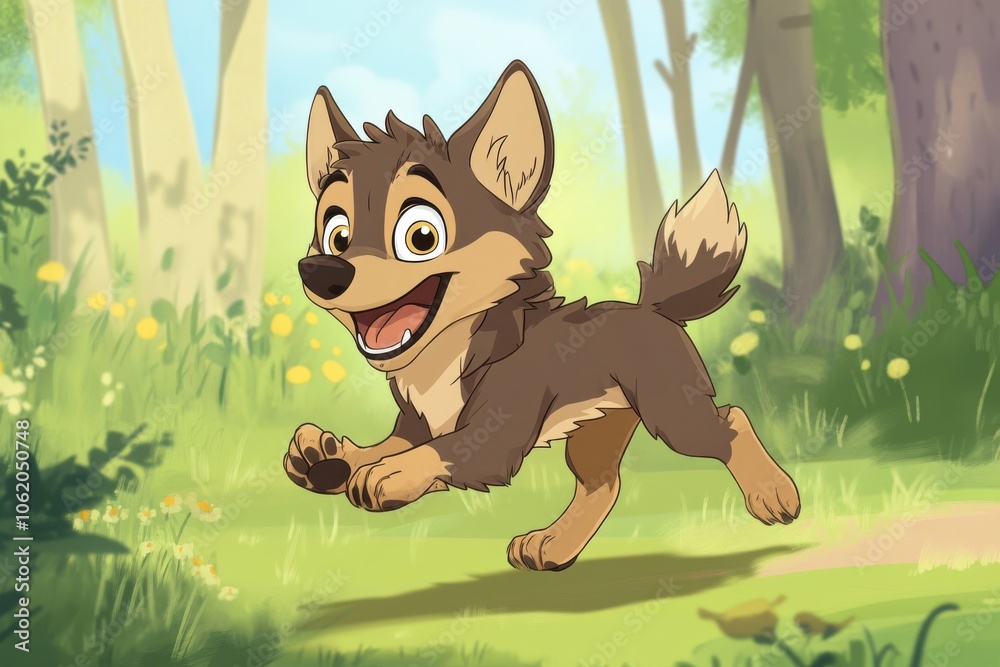 The cheerful wolf cub enjoys a sunny day, looking eager for exploration and fun, depicted in a whimsical cartoon style
