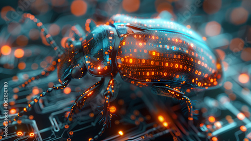 A bug symbolizing an attack on computer systems, representing cybersecurity threats and vulnerabilities.