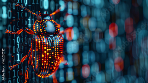 A bug symbolizing an attack on computer systems, representing cybersecurity threats and vulnerabilities.