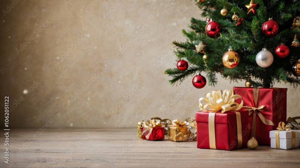 Christmas tree with red and gold decorations and gift boxes on wooden table Christmas tree with red and gold decorations and gift boxes on wooden table