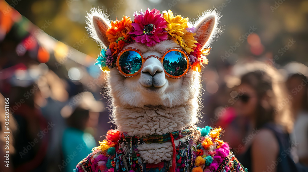 Cute Alpaca with Flower Crown and Sunglasses Cute Alpaca with Flower Crown and Sunglasses