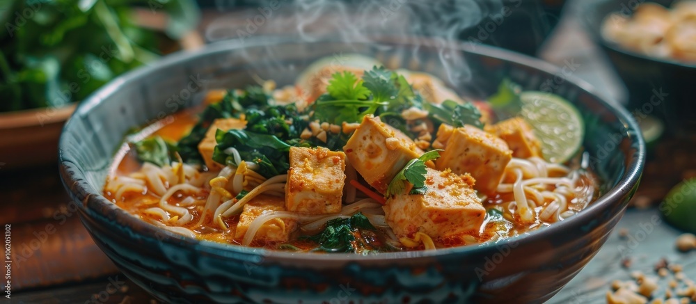 Steaming Hot Asian Noodle Bowl with Vibrant Vegetables Savory Tofu and Aromatic Spices A Comforting and Flavor Packed Meal Steaming Hot Asian Noodle Bowl with Vibrant Vegetables Savory Tofu and Aromatic Spices A Comforting and Flavor Packed Meal