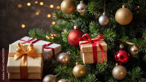 Christmas gifts and ornaments decorating a christmas tree with sparkling lights