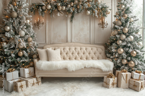 Elegant holiday scene with plush sofa, surrounded by decorated Christmas trees and gifts, creating cozy and festive atmosphere