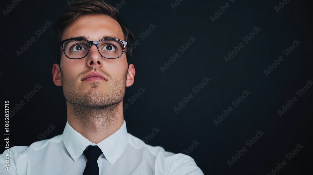 Confident professional man stands against dark background reflecting ambition and focus in modern business environment Confident professional man stands against dark background reflecting ambition and focus in modern business environment