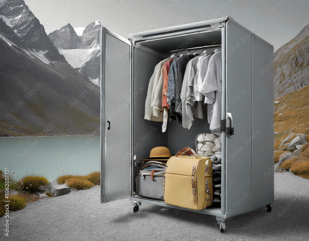 Compact travel locker filled with essentials near a serene mountain lake. Generative AI Compact travel locker filled with essentials near a serene mountain lake. Generative AI