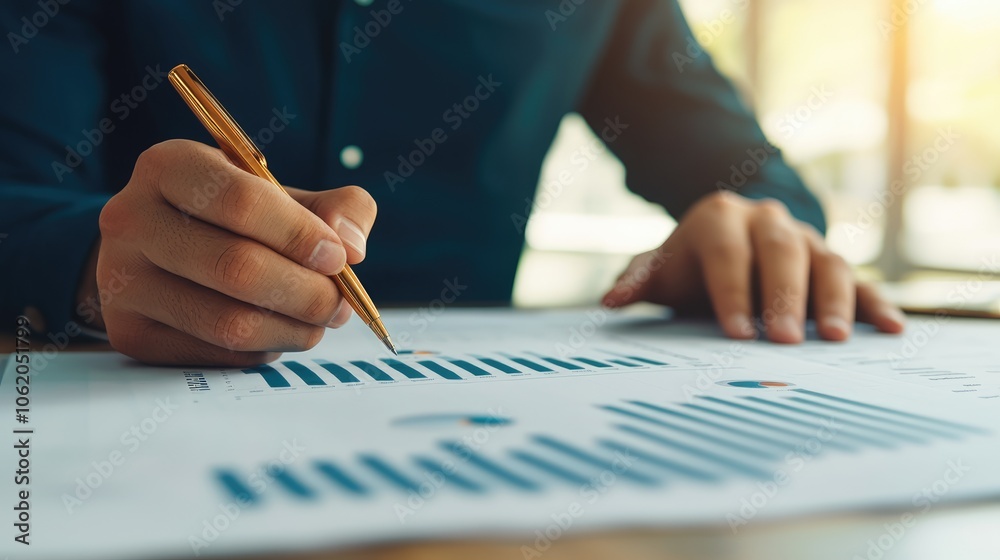 Business professional analyzes financial reports with precision to drive strategic decisions Business professional analyzes financial reports with precision to drive strategic decisions