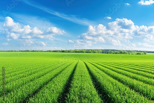 Lush green field with rows of crops under a clear blue sky with fluffy white clouds.