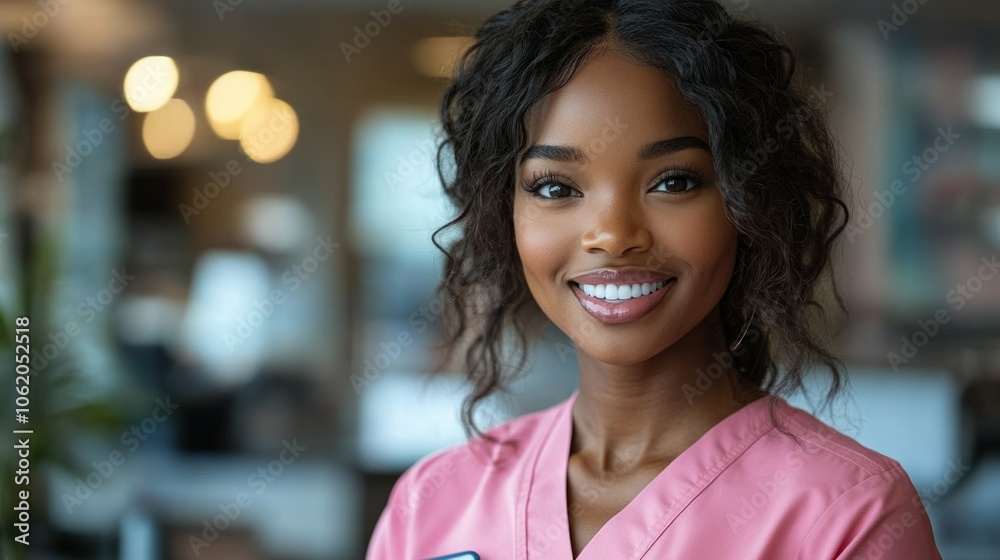 African American woman doctor, CNA, wearing pink scrubs uniform African American woman doctor, CNA, wearing pink scrubs uniform