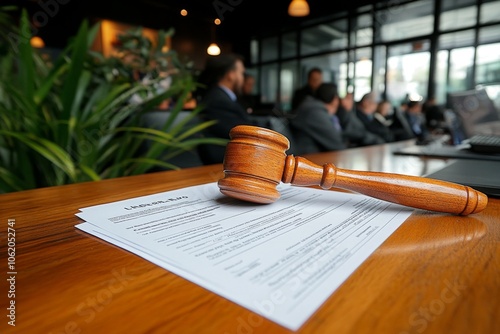 Judgeâ€™s gavel beside a bail receipt and legal papers, capturing the authoritative and procedural nature of the bail process, symbolizing structure and formality photo