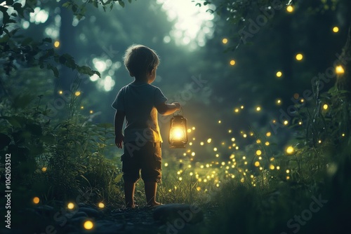 Child with Lantern in Enchanted Forest Glow