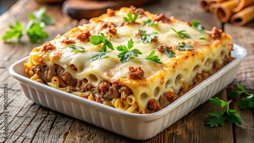 Baked pastitsio with layers of pasta, ground meat, creamy bechamel sauce, parsley garnish photo