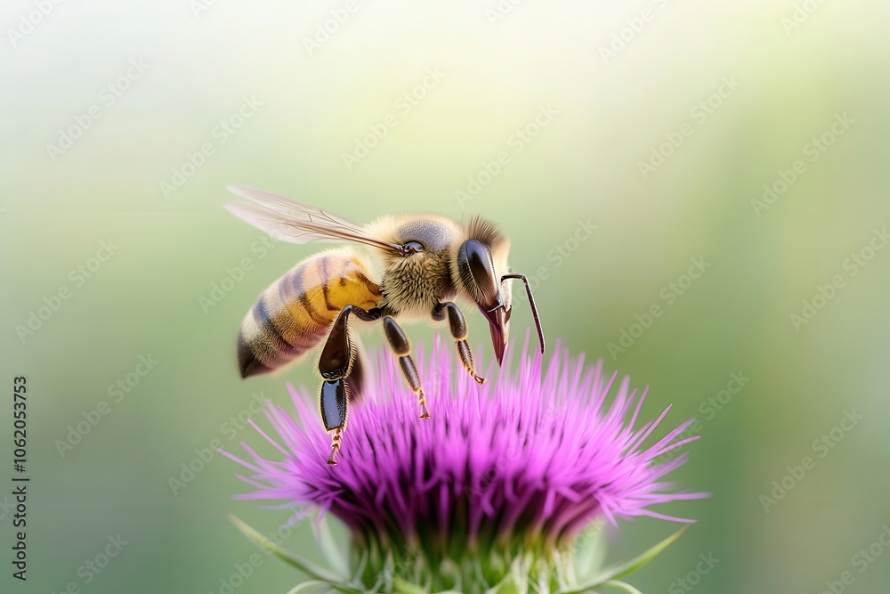 A bee gathers nectar on a vibrant purple thistle flower against a soft, blurred background. A bee gathers nectar on a vibrant purple thistle flower against a soft, blurred background.