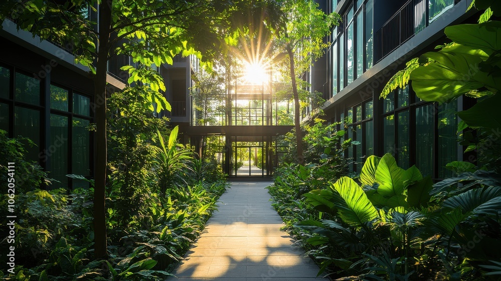 Obraz premium Modern Corporate Building with Greenery Pathway