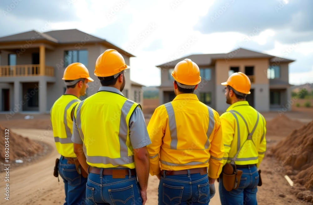 Team of Construction Workers wearing Helmets facing the Construction Site, Supervise Construction Work. Group of Builders standing with their backs to the camera Team of Construction Workers wearing Helmets facing the Construction Site, Supervise Construction Work. Group of Builders standing with their backs to the camera