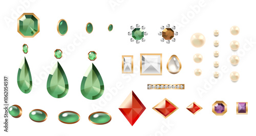 Realistic 3d Vector Beautiful Array Of Luxurious Gemstones And Pearls Showcasing A Variety Of Shapes And Colors