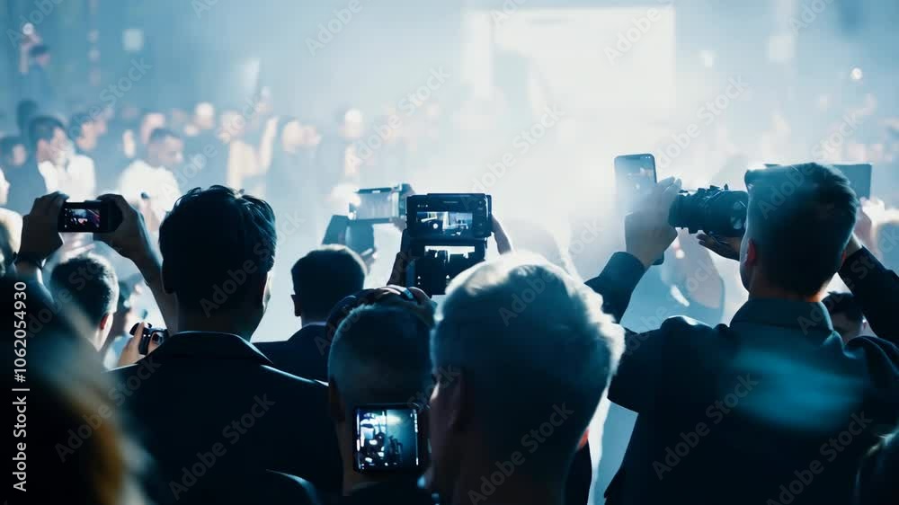 Crowd captures event with phones, cameras. Excited audience take photo of celebrities on party, red carpet, movie award. Lots of paparazzi people and journalists.