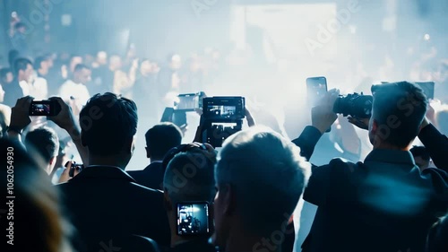 Crowd captures event with phones, cameras. Excited audience take photo of celebrities on party, red carpet, movie award. Lots of paparazzi people and journalists.