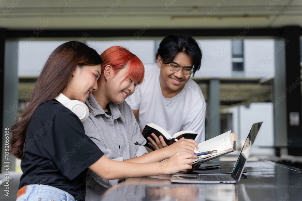 Group of happy asian students researching and learning together using laptop and books in university campus Group of happy asian students researching and learning together using laptop and books in university campus