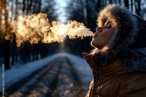 Person bundled in a coat, breathing out mist on a frosty morning, capturing the brisk and invigorating feeling of cold air, symbolizing winter and warmth