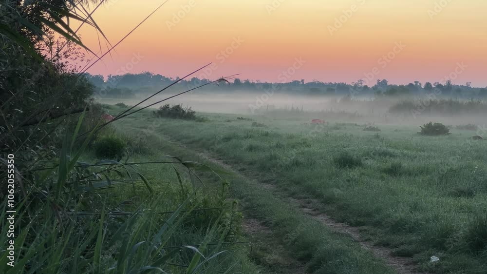 Meadow with rarely growing trees and fog before sunrise Meadow with rarely growing trees and fog before sunrise
